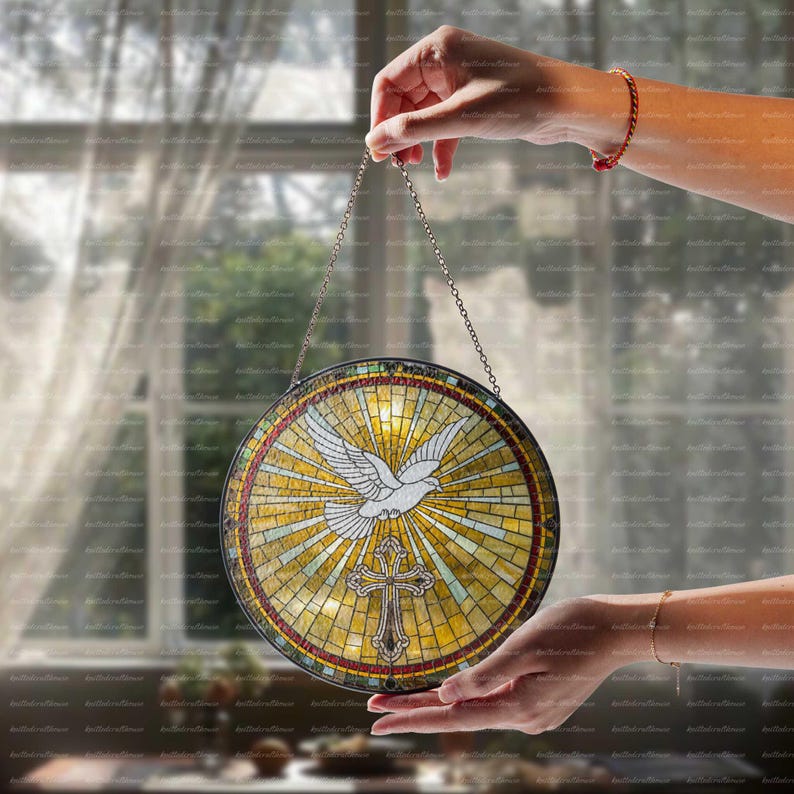 Holy Spirit Dove Suncatcher, Christian Cross and Radiant Sunburst Glass ...
