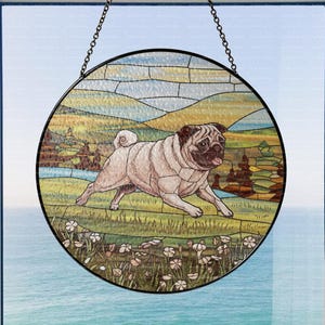 Pug Wildflowers Glass Suncatcher Hanging, Pug Suncatcher Window Decor, Dog Mom Gift, Dog Lovers Gift, Dog Memorial Gift, Pug Lover Gift