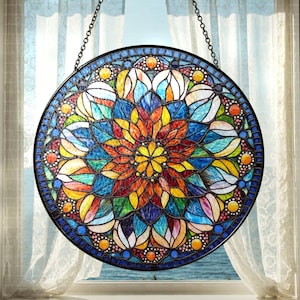 Mandala Painted Glass Suncatcher, Window Hanging Gift, Outdoor Sun Catcher Decor, Geometric Mandala Wall Decor, Summer Garden Home Decor