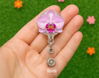 Orchid Flower Badge Reel, Cute Nurse ID Holder, Flower ID Badge Clip, Floral Work Accessory, Gift for Healthcare Workers, Nurse Badge Reel