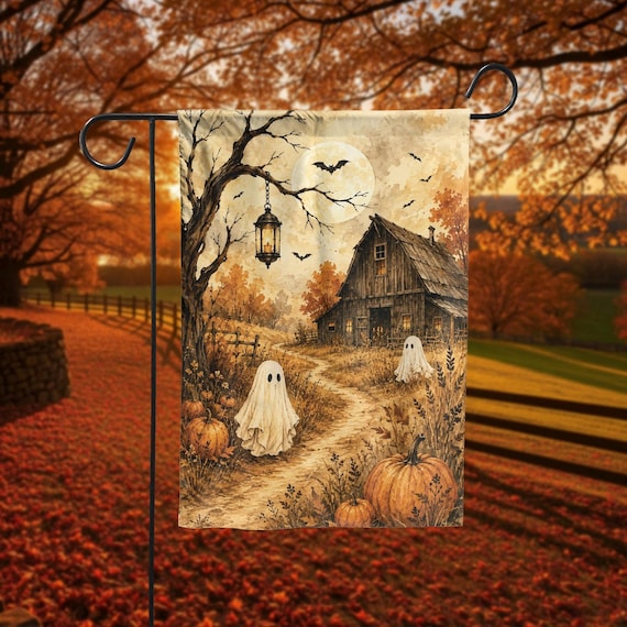 Halloween Ghost Garden Flag, Vintage Farmhouse Fall Yard Decor, Spooky Barn Pumpkin Flag, Rustic Autumn Ghost Outdoor Decoration