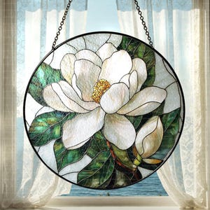 Weißer Magnolien-Sonnenfänger aus Glas, Blumenfensterbehang, Mutter Geburtsblumen-Sonnenfänger, Geschenke für Gartenliebhaber und Naturliebhaber