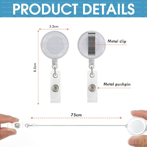 May include: Clear plastic retractable badge holders with metal clips and pushpins. Each holder is 3.2cm wide and 8.2cm long. The retractable cord extends to 75cm. The image includes the text "PRODUCT DETAILS".