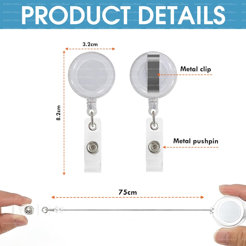 May include: Clear plastic retractable badge holders with metal clips and pushpins. Each holder is 3.2cm wide and 8.2cm long. The retractable cord extends to 75cm. The image includes the text "PRODUCT DETAILS".