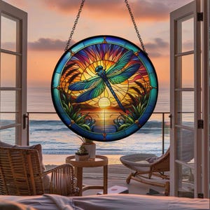 Dragonfly Suncatcher, Dragonfly Blue Painted Glass, Dragonfly Stained Glass, Hanging Dragonfly, Gift For Mom, Sunset Glass Art Home Decor
