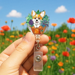 Corgi in Plant Badge Reel Dog Lover Clip for Vet Tech Pet Groomer Animal Clinic Badge Vet Assistant Dog Staff Gift Succulent Plant Pot