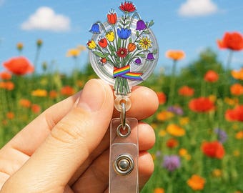 Rainbow Flower Badge Reel, Colorful Pride Floral ID Holder, LGBTQ Nurse Teacher Lanyard Clip, Spring Reel Gift, Queer Pride Gift