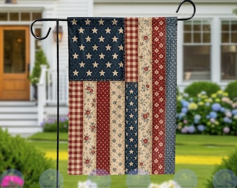 Rustic Patchwork American Flag Garden Flag, Vintage Americana Quilt Style Yard Decor, Patriotic Porch Outdoor Banner