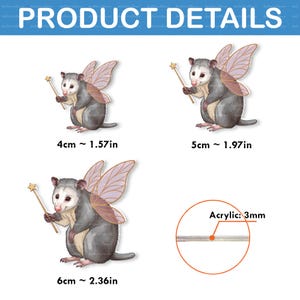 May include: Product details image featuring three possum fairy acrylic charms. Each charm is gray with pink wings, holding a gold wand. The charms measure 4cm (1.57in), 5cm (1.97in), and 6cm (2.36in). The acrylic is 3mm thick.
