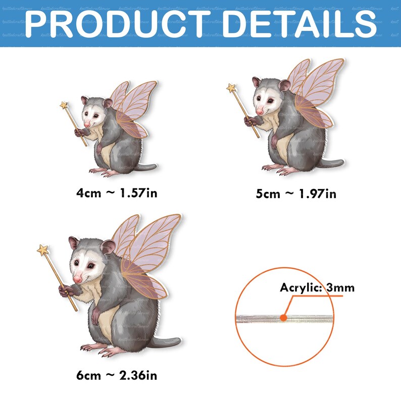 May include: Product details image featuring three possum fairy acrylic charms. Each charm is gray with pink wings, holding a gold wand. The charms measure 4cm (1.57in), 5cm (1.97in), and 6cm (2.36in). The acrylic is 3mm thick.