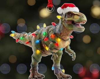 Gepersonaliseerde dinosaurusornamenten, 2D plat dinosaurus kerstboomdecor, decor kerstcadeau, kersthuisdecor, cadeau voor dinosaurusliefhebber
