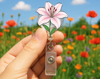 Stargazer Lily Flower Badge Reel, Flower Nurse Gift, Flower Badge Reel, RN ID Holder, Elegant Gift, Flower LOver Gift, Gift For Nurse