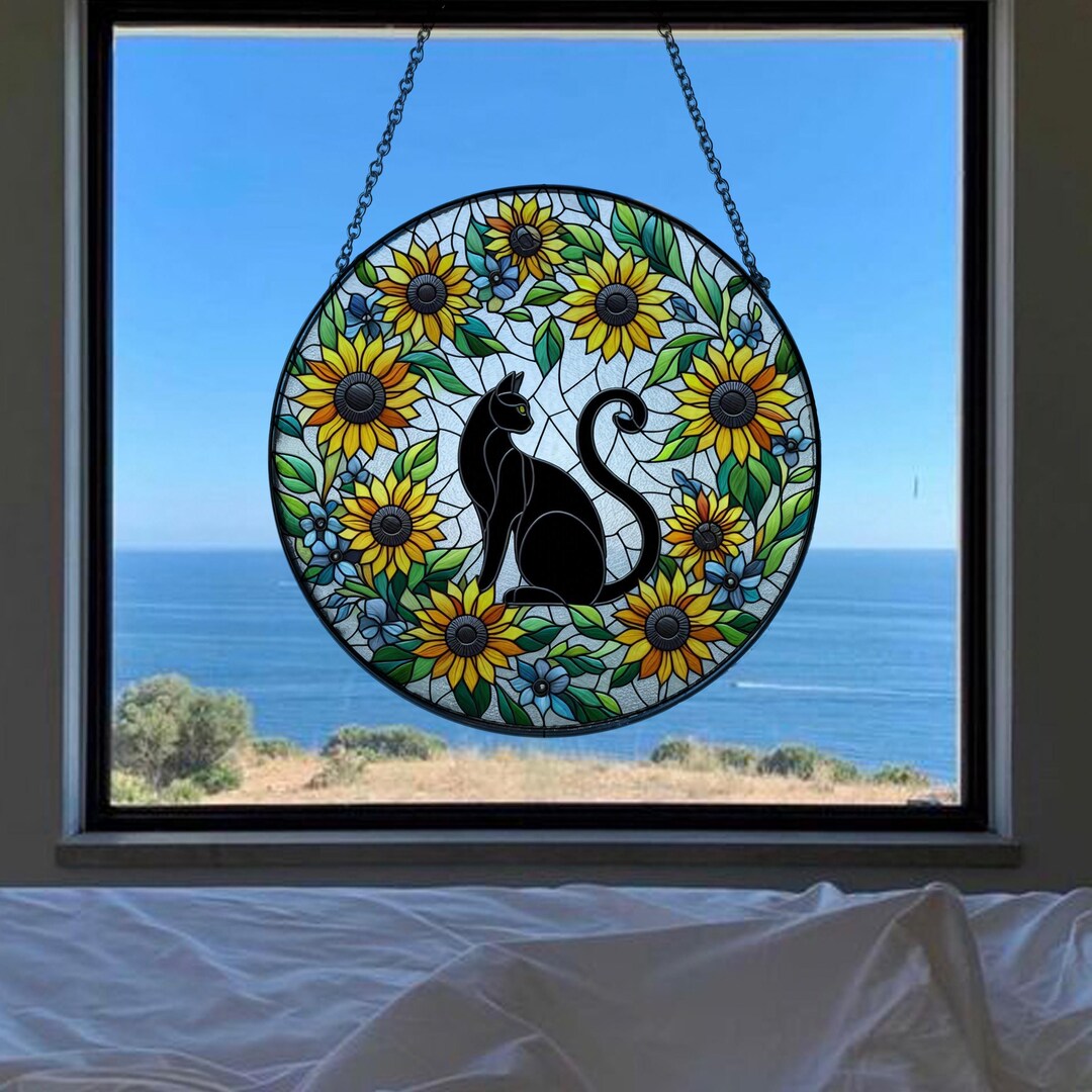 Sunflower Black Cat Stained Glass Suncatcher for Window Hanging Decor ...