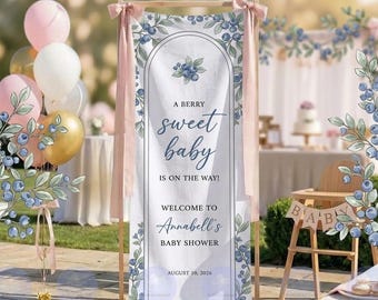 Banner para baby shower con temática de bayas, letrero de bienvenida para baby shower con temática de arándanos, decoración para fiestas con temática de bayas, banner personalizado para baby shower.