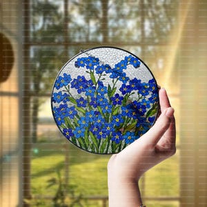 Forget-Me-Not Glass Suncatcher, Flower Window Hanging Decor, Floral Suncatcher, Nature Inspired, Botanical Glass Ornament Gift, Gift for Mom