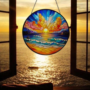 Beach Sunset Painted Glass, Sunset Suncatcher, Beach Home Decor, Gift For Her, Beach Landscape Glass Art, Ocean Sunset Window Hanging