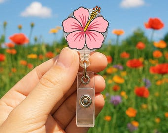 Pink Hibiscus Summer Badge Reel, Flower Badge Reel Gift, Floral Gift For Nurse, Floral Gift, RN ID Holder, Nursing Student Gift, Spirit Gift