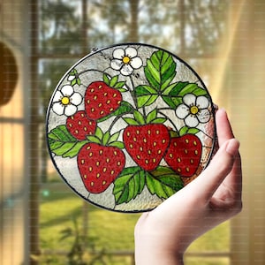 Strawberry Flower Glass Suncatcher, Vibrant Window Decor, Cottagecore Garden Theme, Gift for Mom Grandma, Kitchen Accent, Strawberry Lover