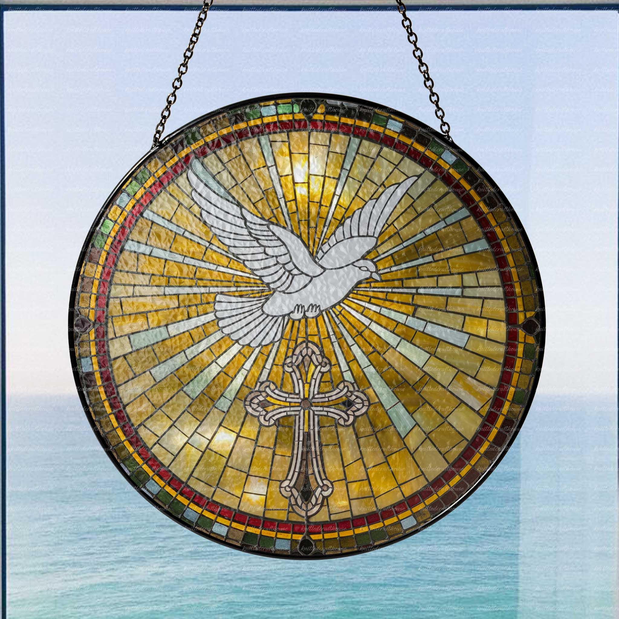 Holy Spirit Dove Suncatcher, Christian Cross and Radiant Sunburst Glass ...
