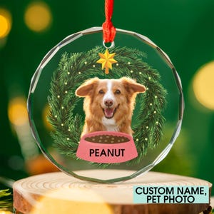 Personalized Pet Glass Ornament, Custom Dog Christmas Ornament, Pet Memorial Ornament, Cat Christmas Photo Ornament, Pet Portrait Name Gifts