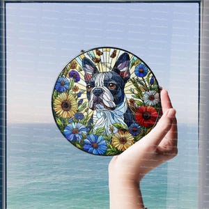Boston Terrier Among Wildflowers Suncatcher, Boston Terrier Dog Glass Window Decor, Dog Lovers Gift, Boston terrier, Dog owner gift, Dog mom