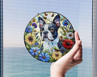 Suncatcher de Boston Terrier parmi les fleurs sauvages, décoration de fenêtre en verre pour chien Boston Terrier, cadeau pour les amoureux des chiens, terrier de Boston, cadeau pour propriétaire de chien, maman de chien