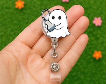 超音波検査技師のゴーストバッジリール、ハロウィン超音波検査技師のゴーストがトランスデューサーIDホルダーを握る、超音波検査技師のギフト、看護師・医師・ヘルスケア