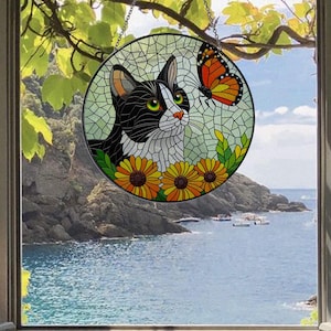Tuxedo Cat Sunflower GLASS Suncatcher, Cat Window Hanging, Tuxedo Cat Art Window, Floral Cat House Decor, Cat Lovers Gift, Flowers Decor