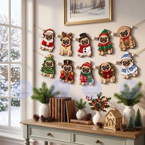 May include: A two-row garland featuring ten decorative pug ornaments in various holiday costumes, including Santa, reindeer, snowman, elf, gingerbread, Christmas tree, nutcracker, winter sweater, wreath, and blue winter coat, strung on white beads.