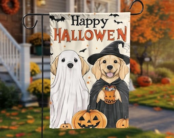 May include: A rectangular garden flag featuring the text Happy HALLOWEEN in black and orange. The design shows two golden retriever dogs, one wearing a white ghost sheet and the other a black witch hat and cape, holding a pumpkin candy bucket.