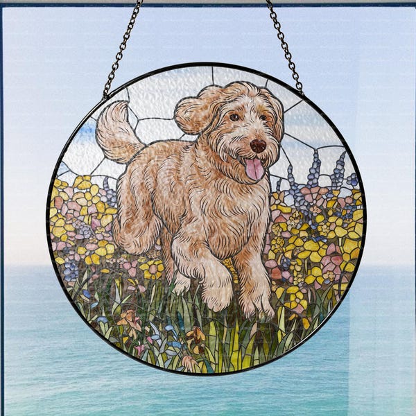 Goldendoodle Wildflowers Glass Suncatcher, Goldendoodle Suncatcher Decor, Dog Mom Gift, Dog Lovers Gift, Dog Memorial Gift, Dog Lover Gift