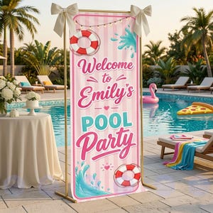 May include: A pink and white striped pool party banner with the text "Welcome to Emily's Pool Party." The banner has a gold frame and is decorated with life preservers, water splashes, and bows.