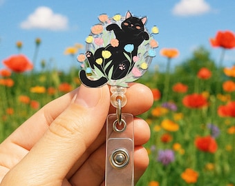 Black Cat Floral Badge Reel, Cute Cat ID Holder, Black Cat Name Badge, Cat Nurse Gift, Vet Tech Accessories, Cat Lover Reel, Nurse, Teacher