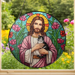 Jesus Christ Hugging A Tuxedo Cat Glass Suncatcher Hanging Decor, God Window Hanging Decor, Tuxedo Cat Suncatcher, Cat Mom, Memorial Cat Art