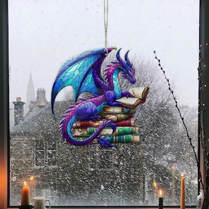 Book Dragon Acrylic Window Hanging, Fantasy Dragon Ornament, Dragon Wall Window Hanging Art Decoration, Bookish Home Decor, Dragon Gift