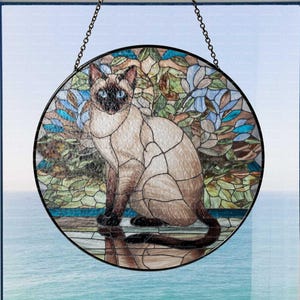 Elegant Siamese Cat Suncatcher,  Siamese Cat Glass Window Hanging, Decor Art for Cat Lovers, Cat Mom Gift, Blue Flowers, Cat Lover Gift