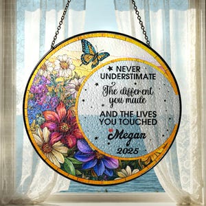 Personalized Retirement Glass Suncatcher, Floral Retirement Window Decor, Retirement Keepsake, Retirement Gift, Coworker Gifts, Teacher Gift
