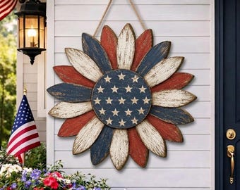 Colgante de puerta con girasol patriótico, decoración rústica americana para pared, decoración para la puerta principal del 4 de julio, decoración para el porche de casa de campo, letrero del 250 aniversario