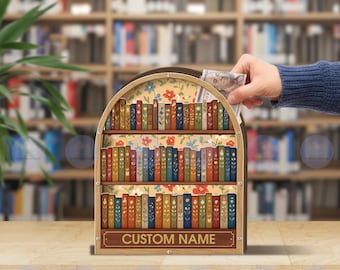 Personalized Bookshelf Savings Box, Custom Library Fund Box, Book Decor Gift, Book Nook Money Box, Reader Gift, Book Lover Piggy Bank