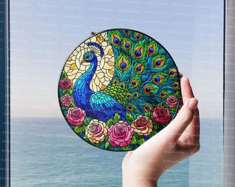 サンキャッチャーガラス - 孔雀デザイン - カラフルな吊り下げ窓装飾