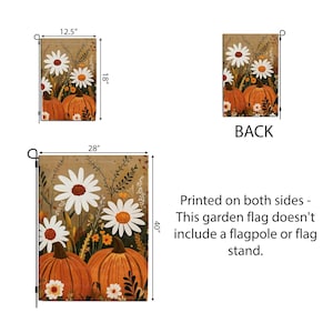 Puede incluir: Una bandera de jard&iacute;n con un tema oto&ntilde;al con calabazas y margaritas. La bandera est&aacute; impresa por ambas caras y mide 71 cm de ancho por 102 cm de alto. La bandera m&aacute;s peque&ntilde;a mide 32 cm de ancho por 46 cm de alto.