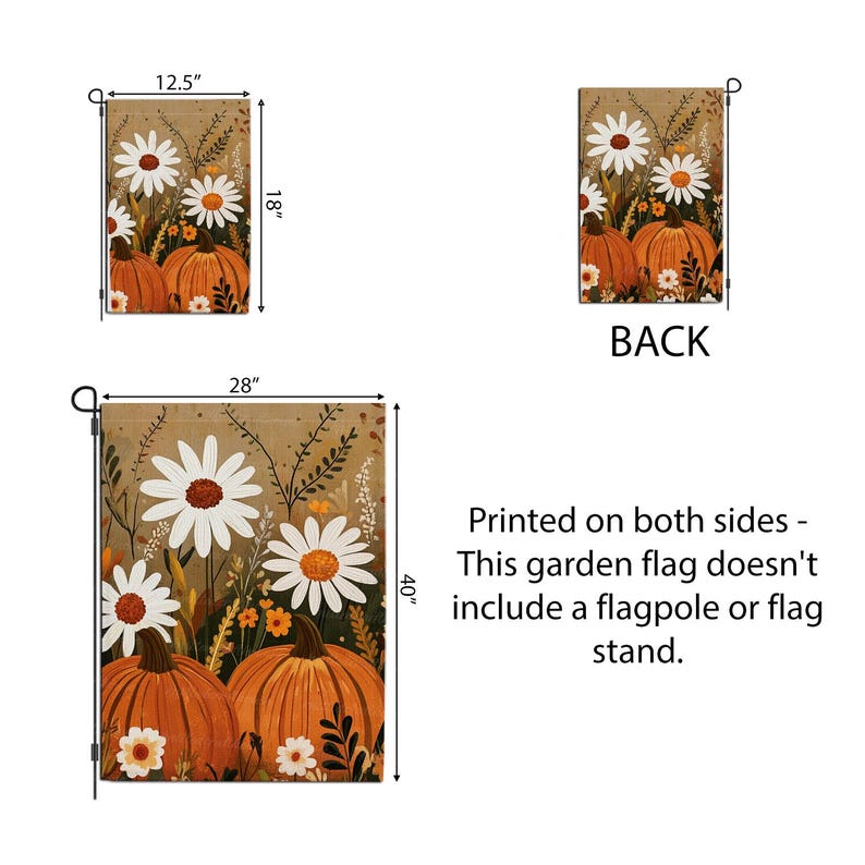 Puede incluir: Una bandera de jard&iacute;n con un tema oto&ntilde;al con calabazas y margaritas. La bandera est&aacute; impresa por ambas caras y mide 71 cm de ancho por 102 cm de alto. La bandera m&aacute;s peque&ntilde;a mide 32 cm de ancho por 46 cm de alto.