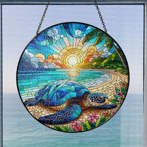 Sea Turtle Suncatcher Window Hanging, Turtle Glass Art, Perfect Turtle Ornament and Home Decor for Turtle Lovers Beach Lovers, Sea Animal