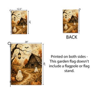May include: A rectangular garden flag featuring a spooky barn scene with ghosts, pumpkins, and a hanging lantern under a full moon. The flag is available in 12.5 by 18 inches and 28 by 40 inches. It is printed on both sides and excludes a flagpole.