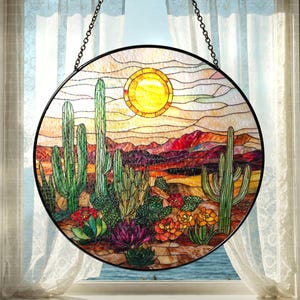 Desert and Cactus Painted Glass Suncatcher, Window Hanging, Outdoor Sun Catcher Decor, Southwestern Wall Decor, Succulent Landscape Art Gift