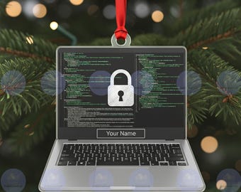 Decorazione natalizia personalizzata sulla sicurezza informatica, decorazione 2D piatta, regalo personalizzato per programmatore, specialista IT o marito programmatore, ricordo del computer portatile