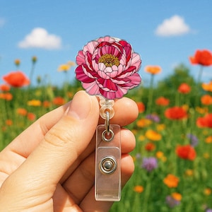 Peony Floral Badge Reel, Elegant Flower Design, Stylish Flower Badge Holder for Nurses, Teachers, Healthcare Staff, Doctor Accessories