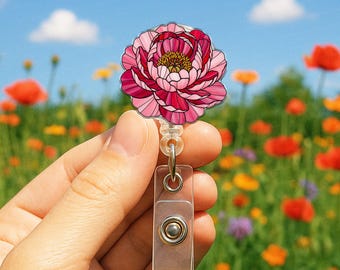 Peony Floral Badge Reel, Elegant Flower Design, Stylish Flower Badge Holder for Nurses, Teachers, Healthcare Staff, Doctor Accessories