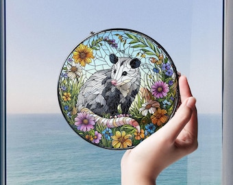 Opossum in wildflower field Suncatcher Window Hanging, Opossum Lovers Gift, Glass Suncatcher Window Hanging, Opossum Glass, Window Decor