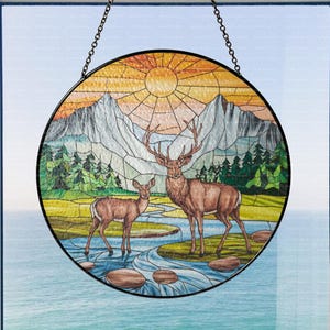 Forest Deer Couple Suncatcher Hanging Glass, Deer Hunting Lover Gift, Nature Animal Window Decor, Forest Animal Lover, Deer Lover Home Decor